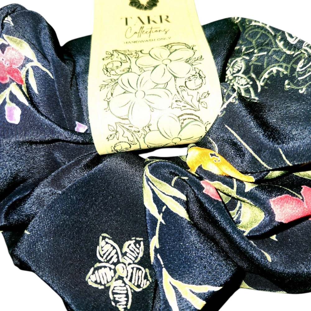Floral Scrunchie - Navy Blue. 2-Pc. Set. Item No. S-103. - Picture 8 of 11